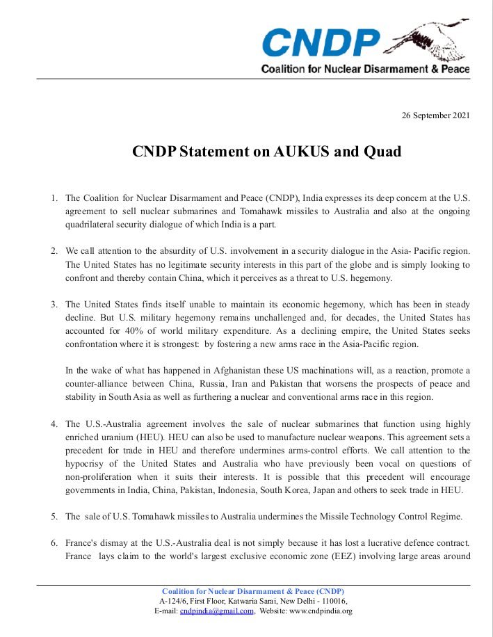 Media attached to: CNDP Statement on AUKUS and the Quad
