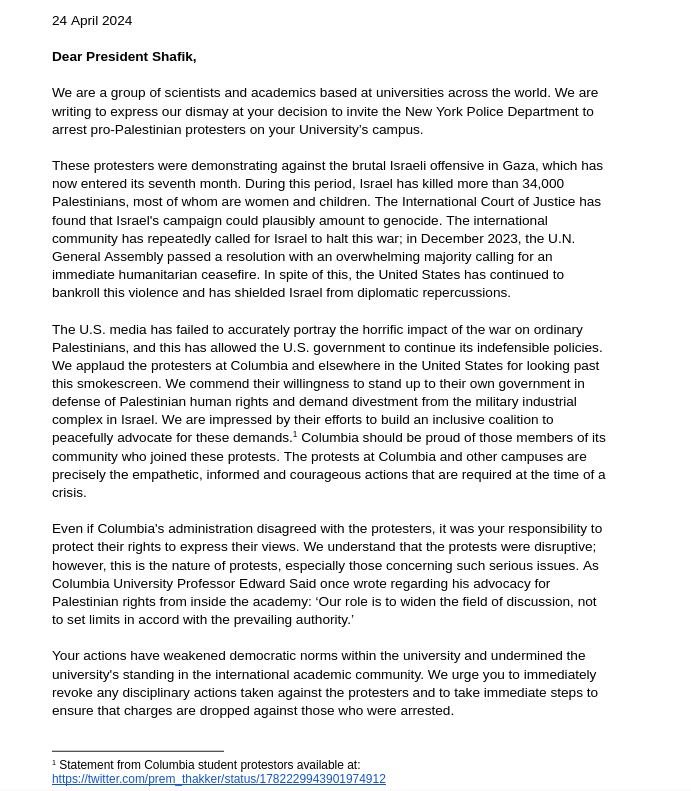 Media attached to: Letter to Columbia University in Support of Student Protesters